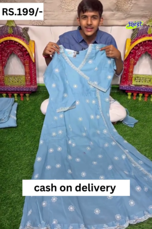 Ice Blue Zari And Badla Work Embellished Georgette Suit