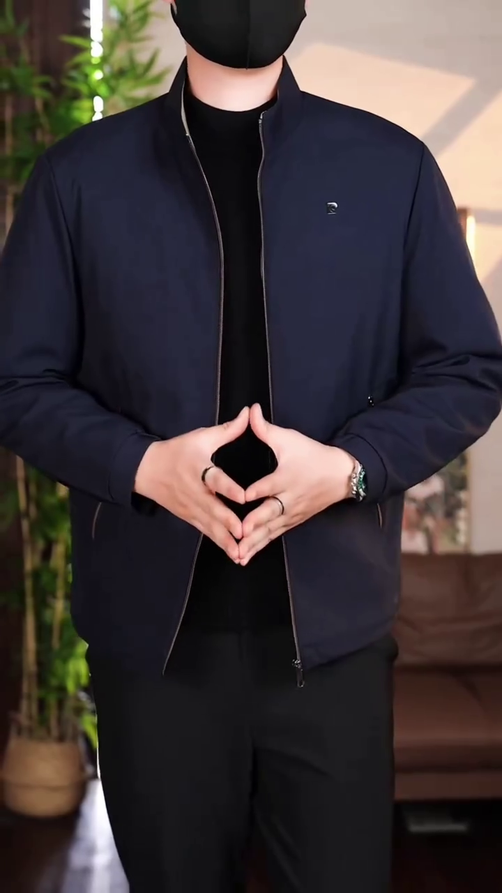 Men's Classic Navy Blue Band Collar Zip Jacket